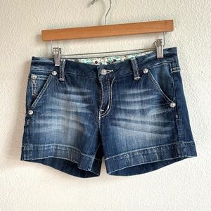 Miss Me Size 29 Women's Blue Denim Distressed Mid Rise Short Shorts Flap Pockets